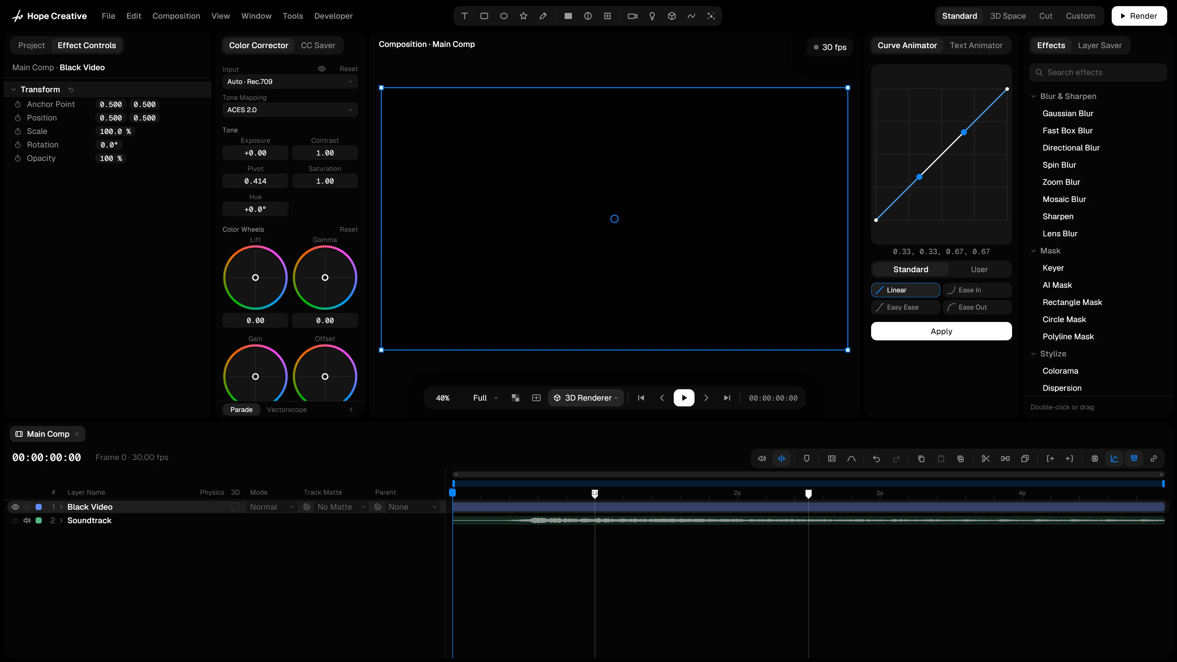 The Hope Creative interface: Menu Bar, Create Bar, Effect Controls, Color Corrector, Composition viewer, Curve Animator, Effects and the Timeline
