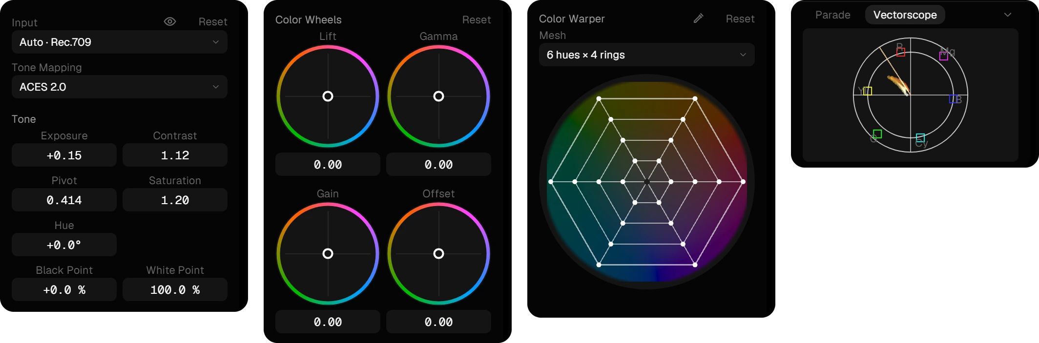 The Color Corrector in four parts: input and tone, color wheels, color warper and the scopes