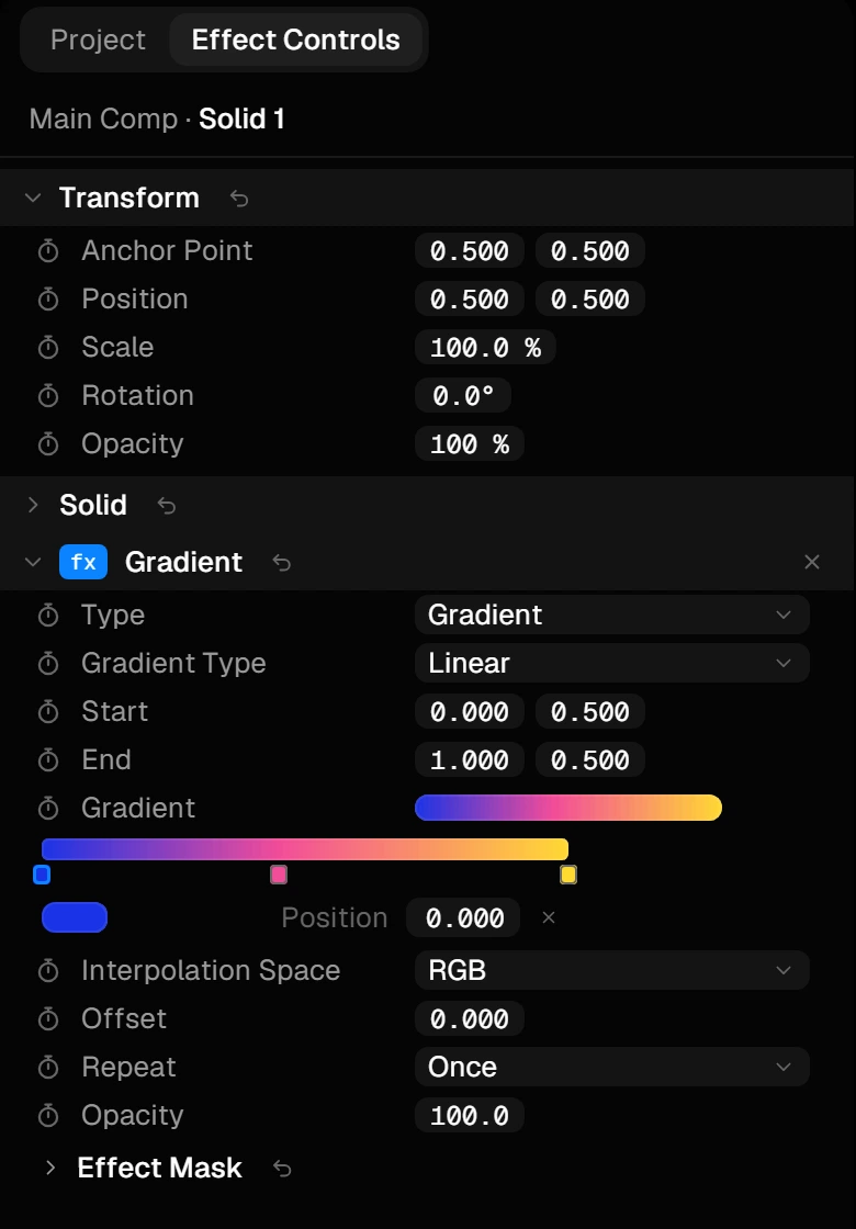The Effect Controls panel with the Transform group and a Gradient effect