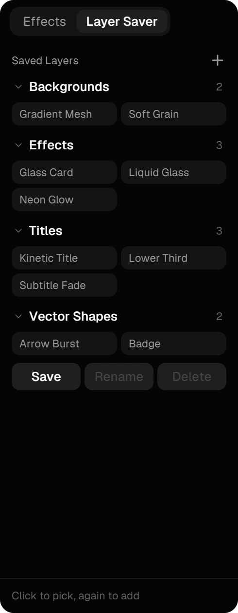 The Layer Saver with saved layers in the categories Backgrounds, Effects, Titles and Vector Shapes
