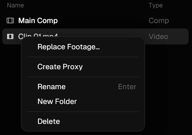 The right-click menu of a video in the Project panel, with Create Proxy