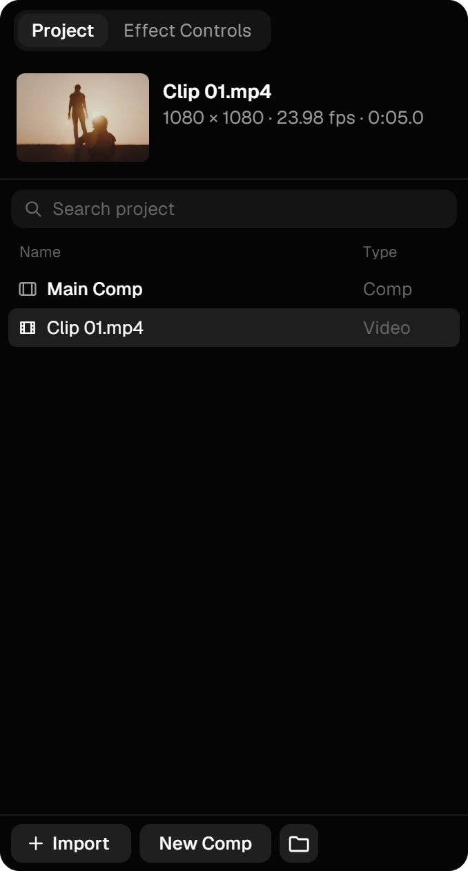The Project panel with a comp and a video, the search field and the Import and New Comp buttons