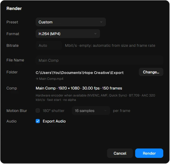The Render dialog with preset, format, bitrate, file name, folder, motion blur and audio