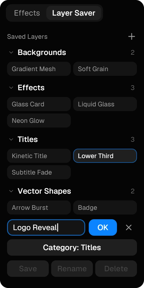 Saving a set: the name Logo Reveal typed, with OK and the category Titles below